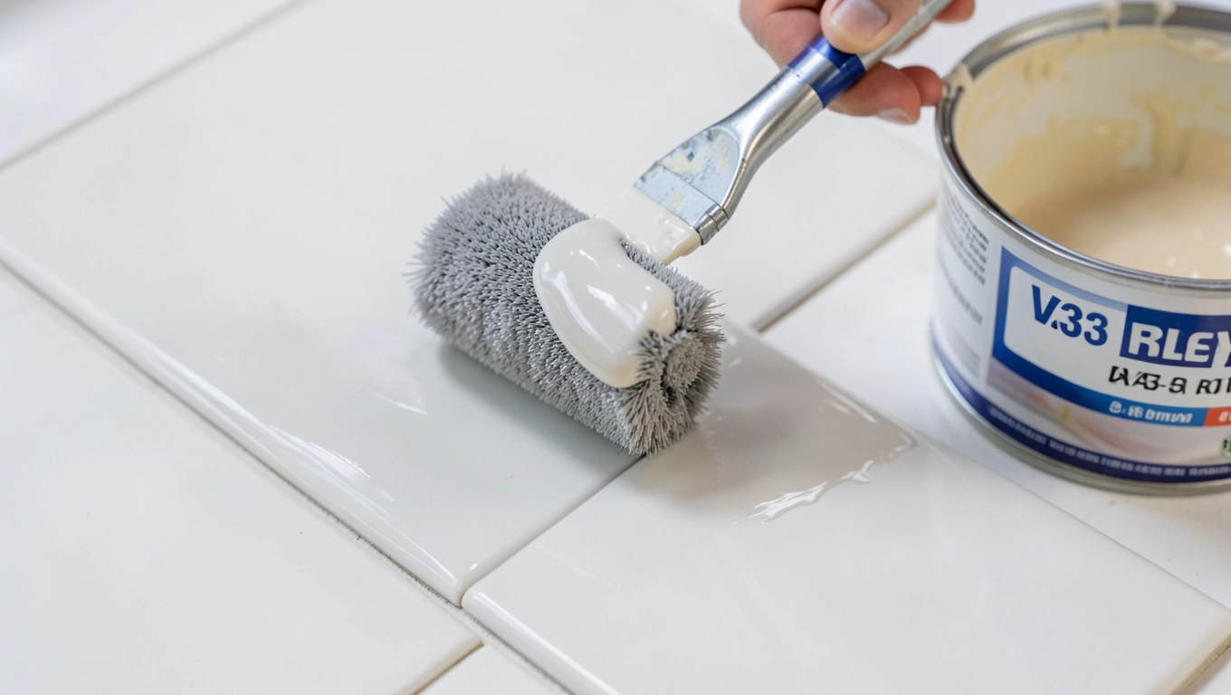 Aplikacja farby V33 wałkiem na płytkach