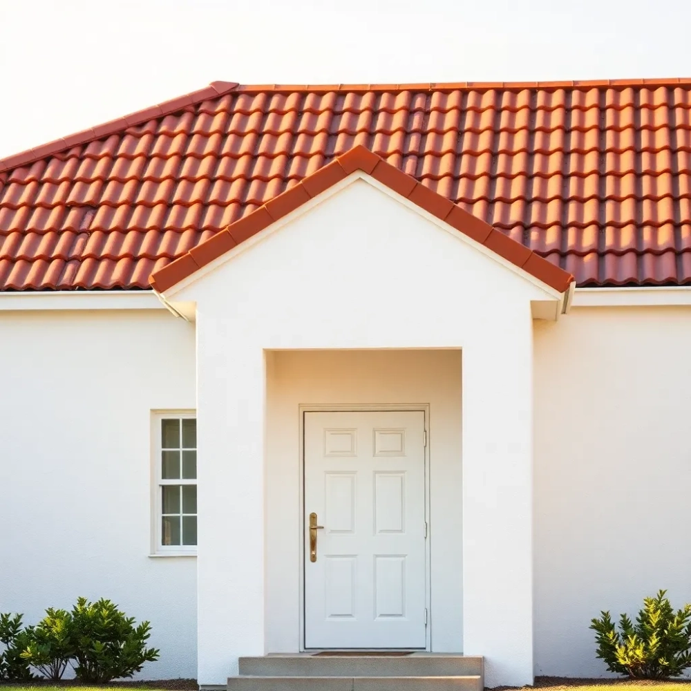 Biały dom z brązowym dachem