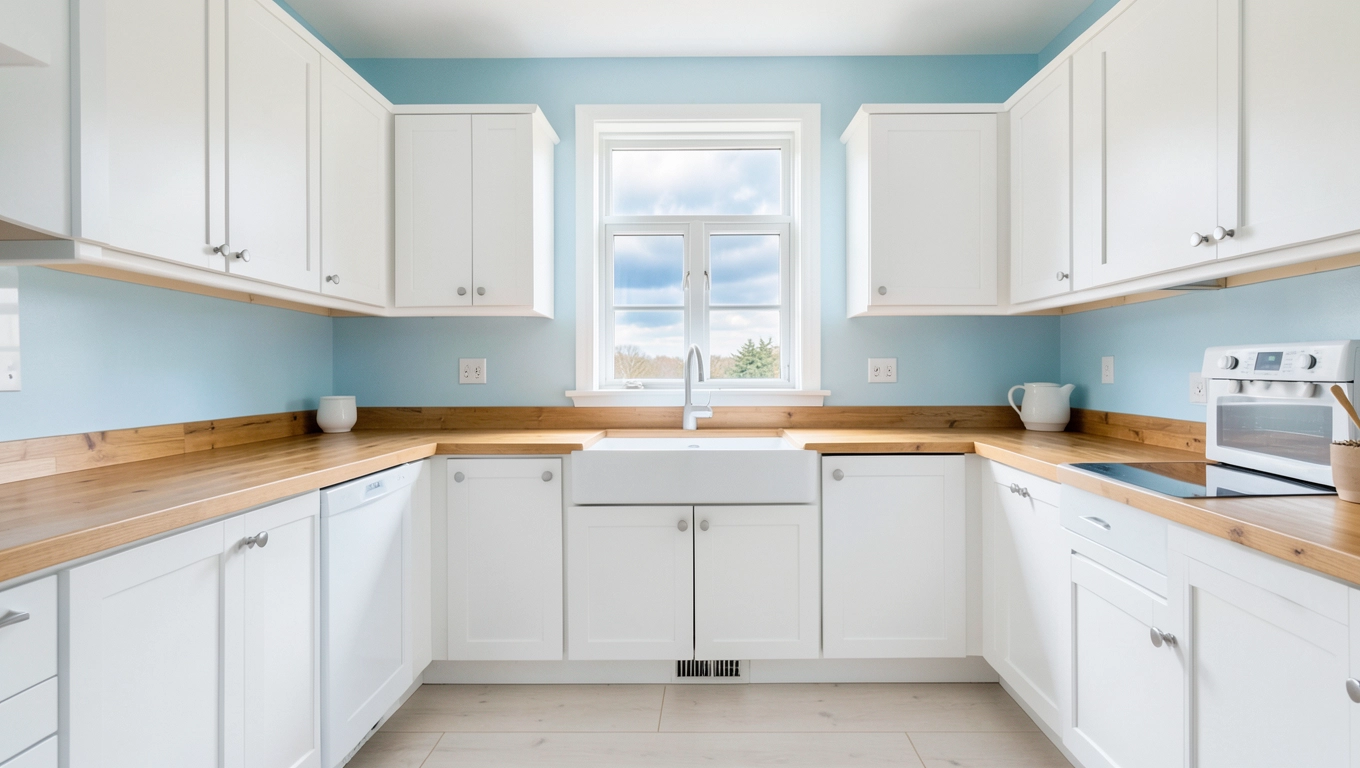 Błękitne ściany w białej kuchni z drewnem