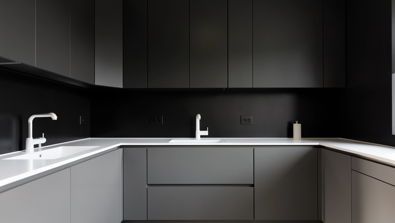 Czarna farba z bielą i szarością w kuchni