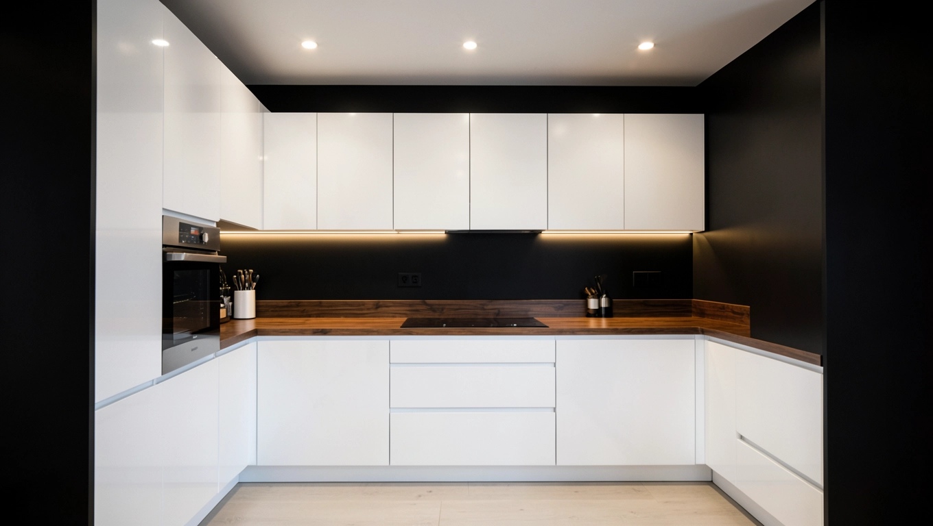 Czarne ściany do białej kuchni z blatem