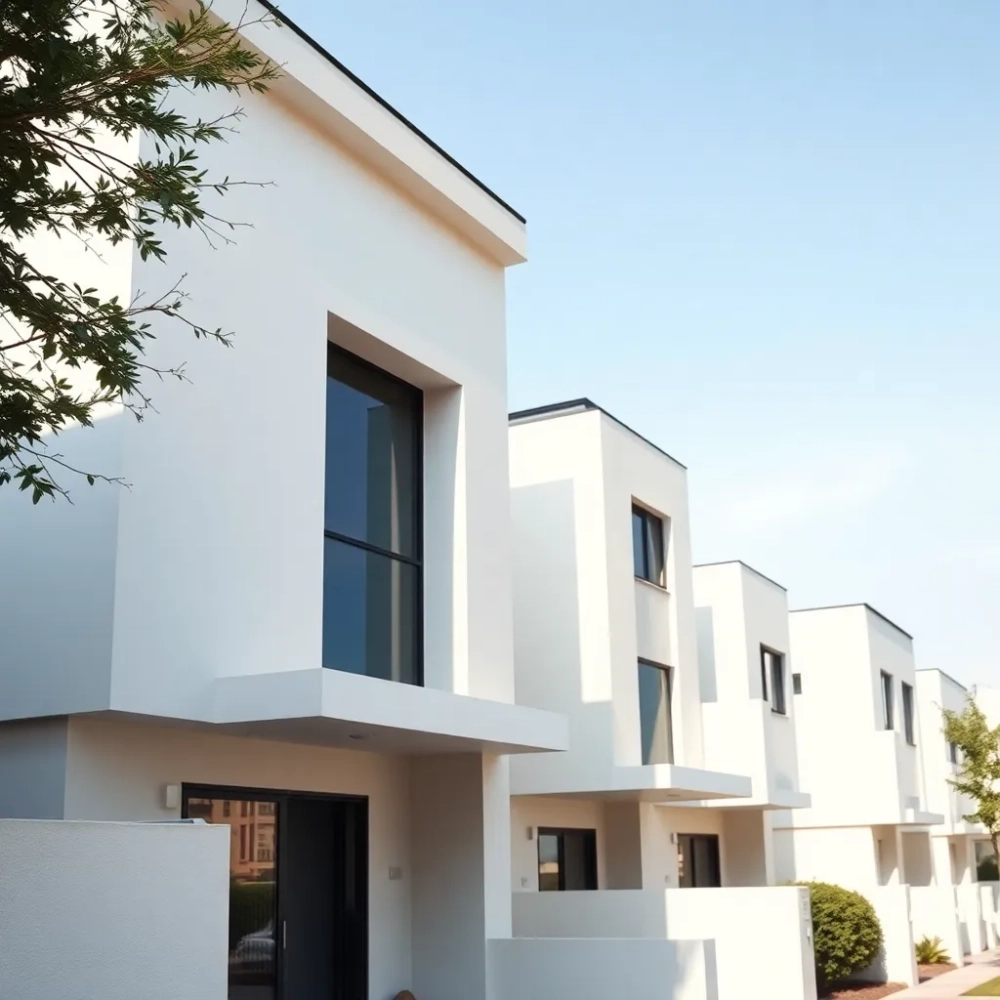 Elewacje domów piętrowych z płaskim dachem