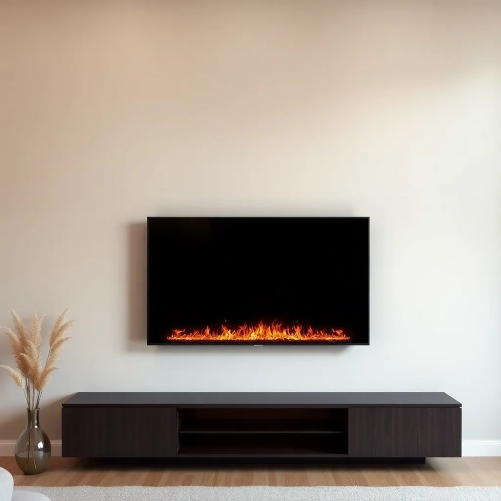 Kominek pod telewizorem w salonie