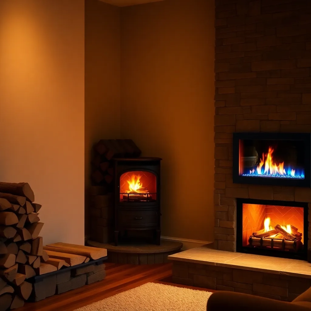 Ogrzewanie gazowe i kominek na drewno