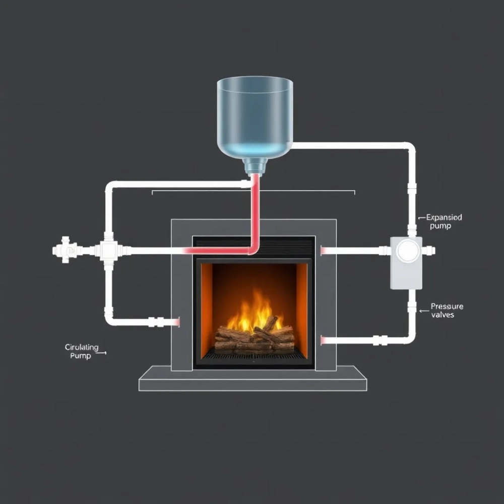 Schemat podłączenia kominka z płaszczem wodnym w układzie otwartym