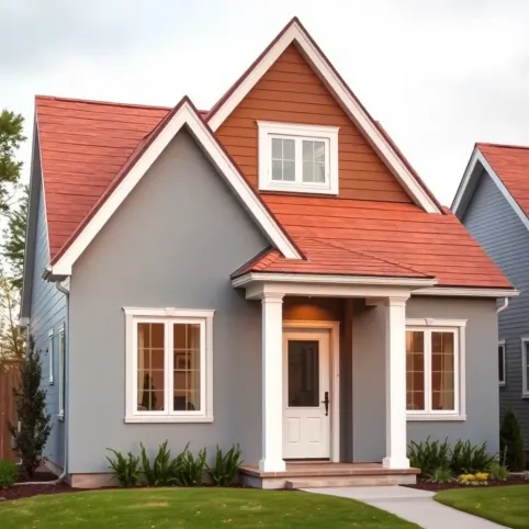 Dom z brązowym dachem i szara elewacja