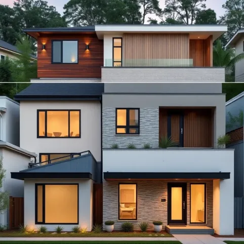 Elewacje domów parterowych z płaskim dachem