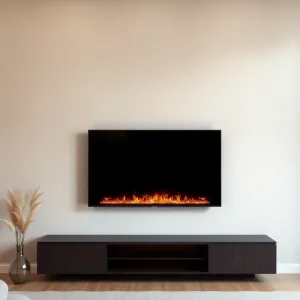 Kominek pod telewizorem w salonie