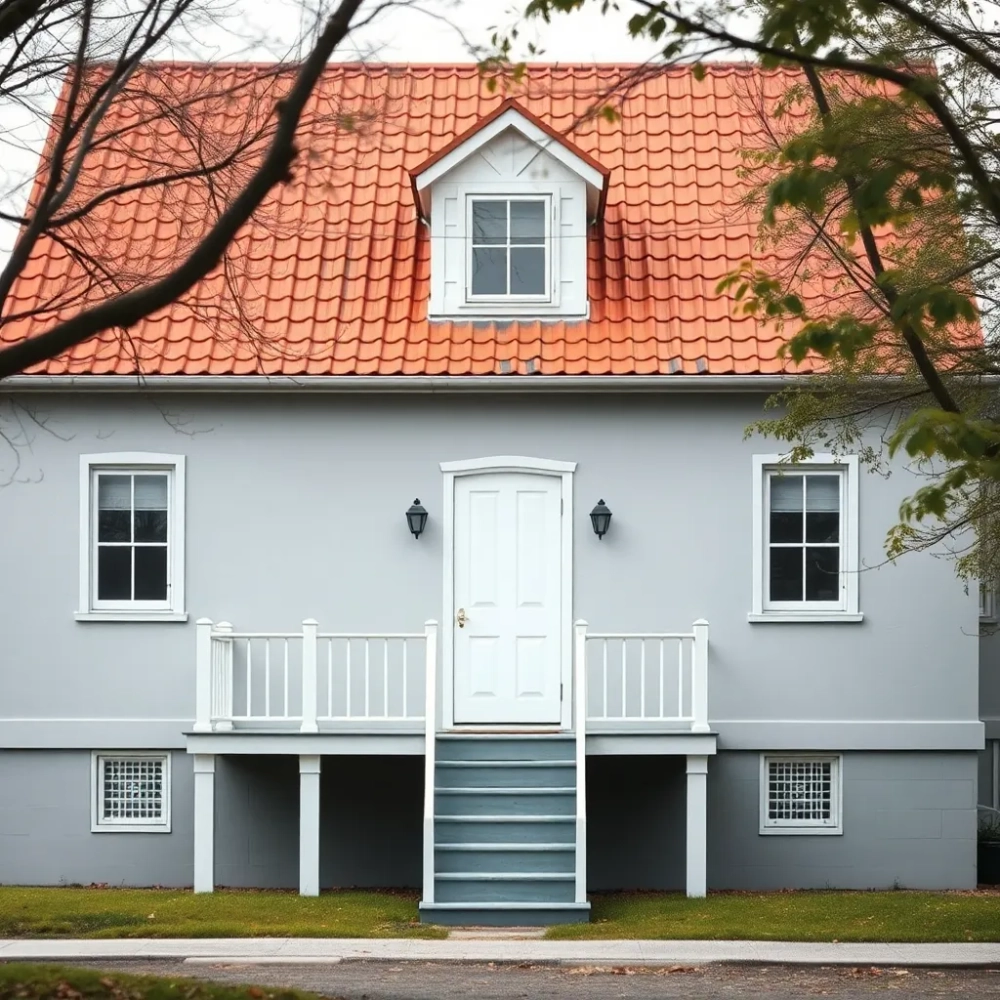 Szary dom z brązowym dachem