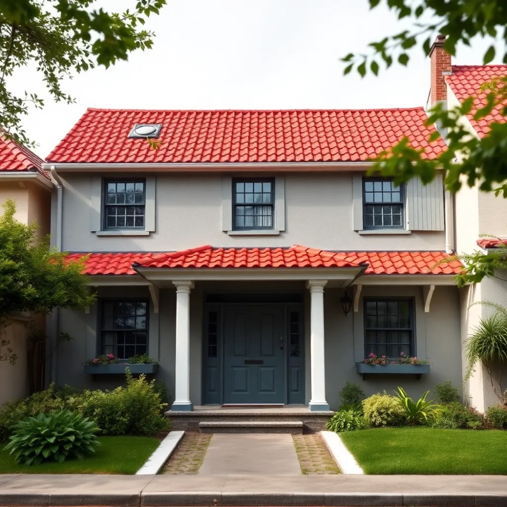 Szary dom z czerwonym dachem